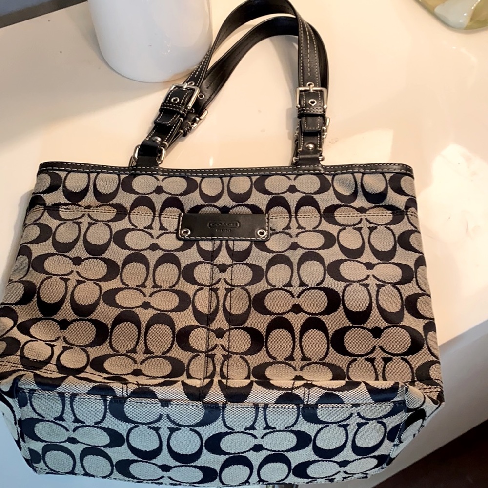 Coach vtg  satchel style, black/gray w/ outer pocket, blk leather handles